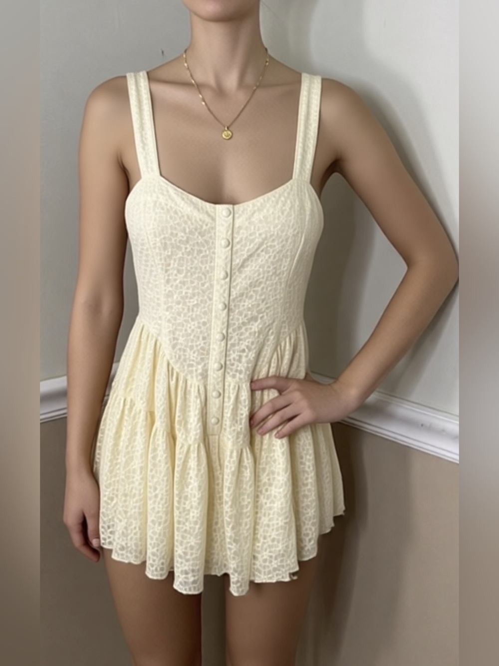 Promesa Cream Lace Button-Front Tiered Dress